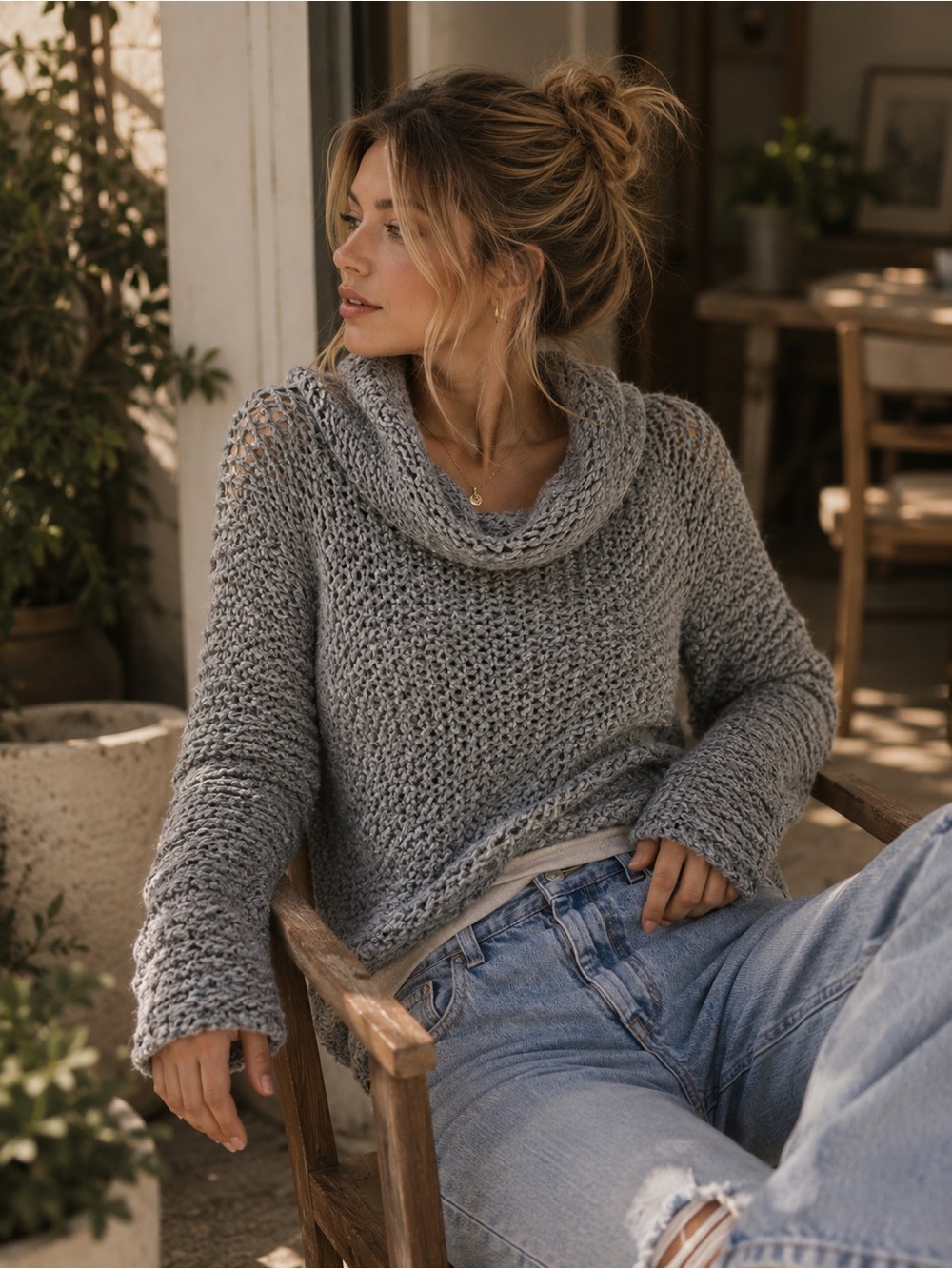 Debut Gray Marled Open Knit Cowl Neck Sweater Medium